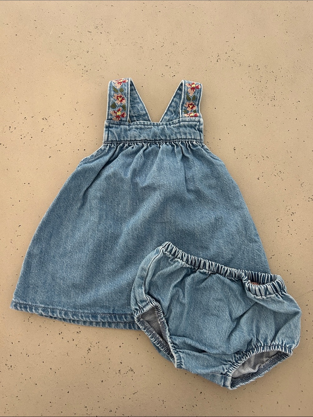 Zara 9-12M Denim Blue Embroidered Strap Dress with Bloomers